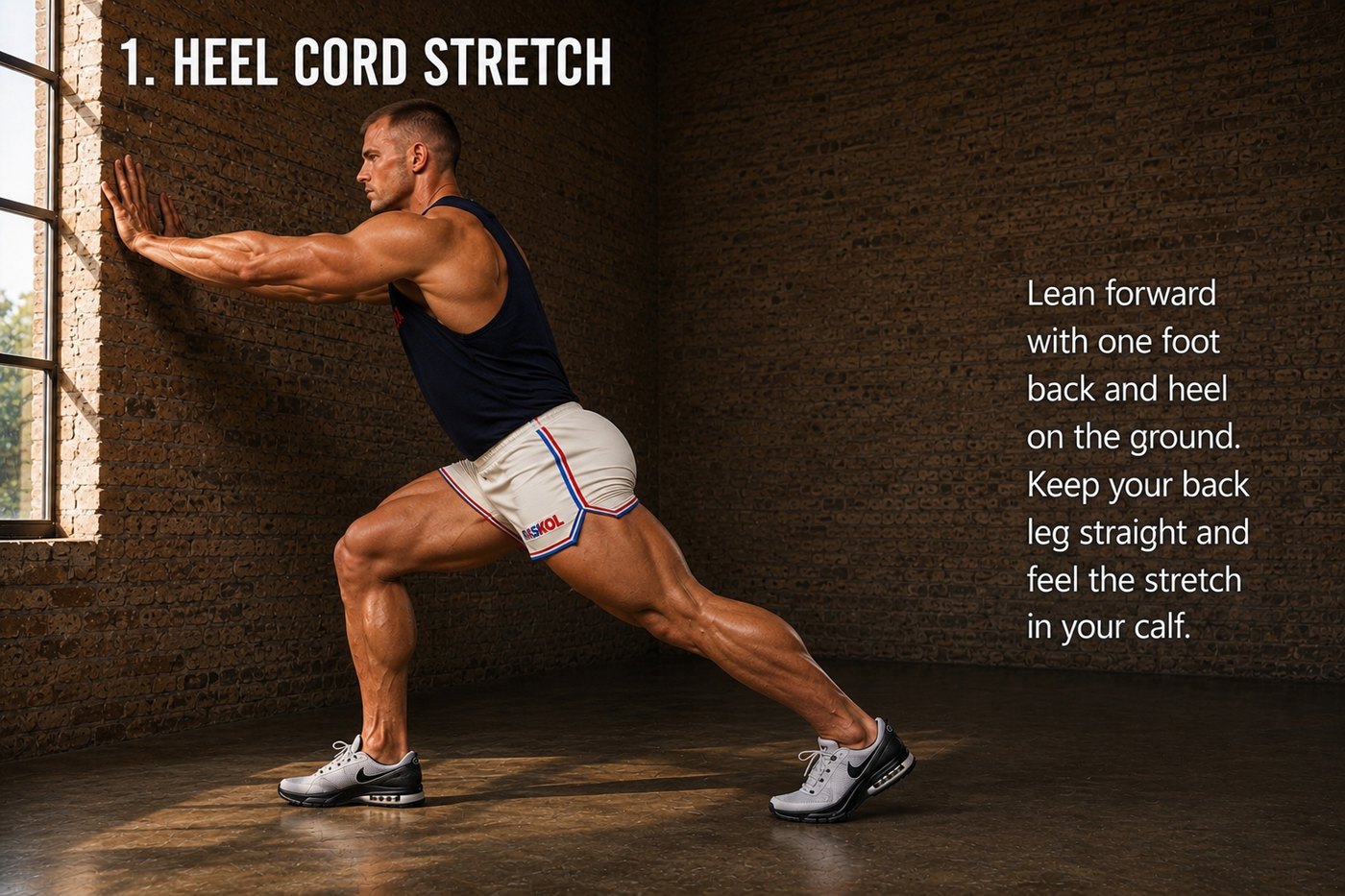 Heel cord stretch: leaning forward against a wall with one foot back and the heel down, back leg straight.