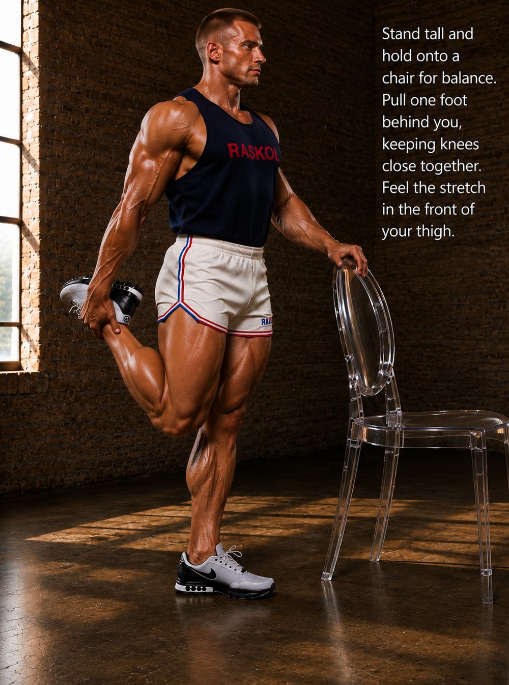 Standing quadriceps stretch: holding a chair for balance while pulling one foot behind toward the glute.