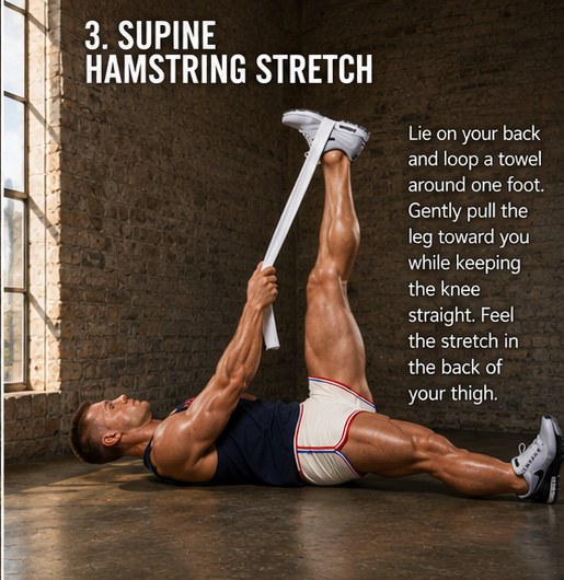 Supine hamstring stretch: lying on the back, looping a strap around one foot and drawing the straight leg toward the torso.