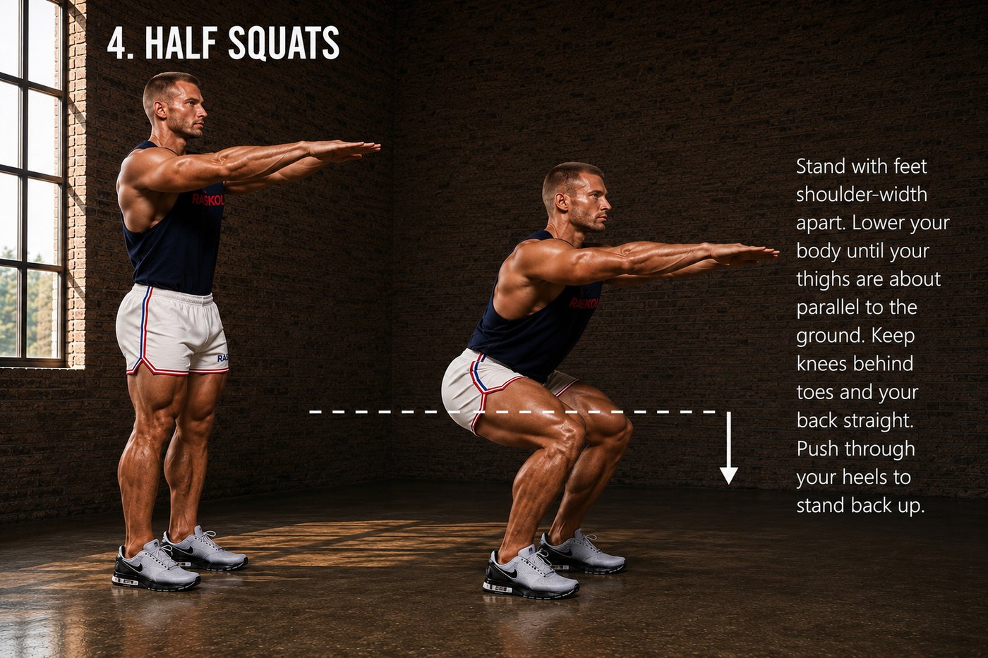 Half squat: standing with feet shoulder-width apart and lowering until the thighs are near parallel, arms extended forward.