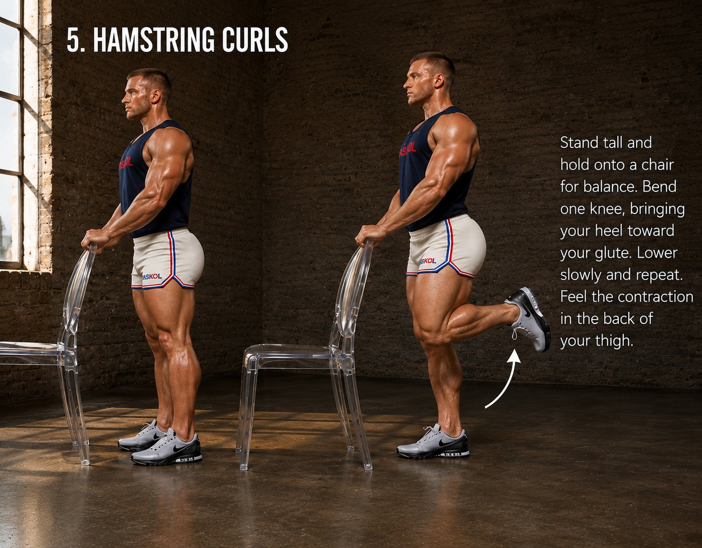 Hamstring curl: standing tall while holding a chair, bending one knee to bring the heel toward the glute.